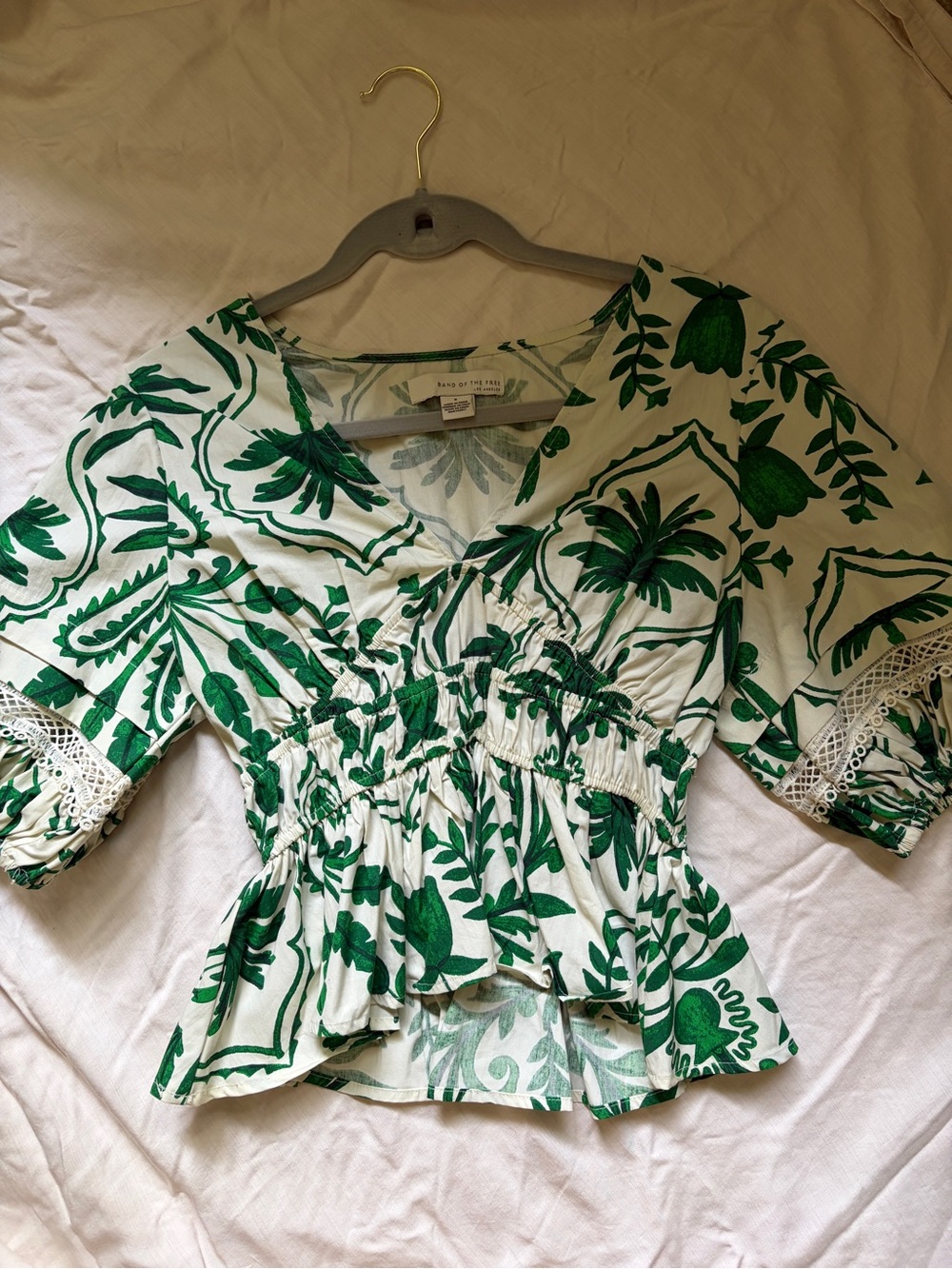 Green and White Smocked Botanical V-Neck Peplum Blouse